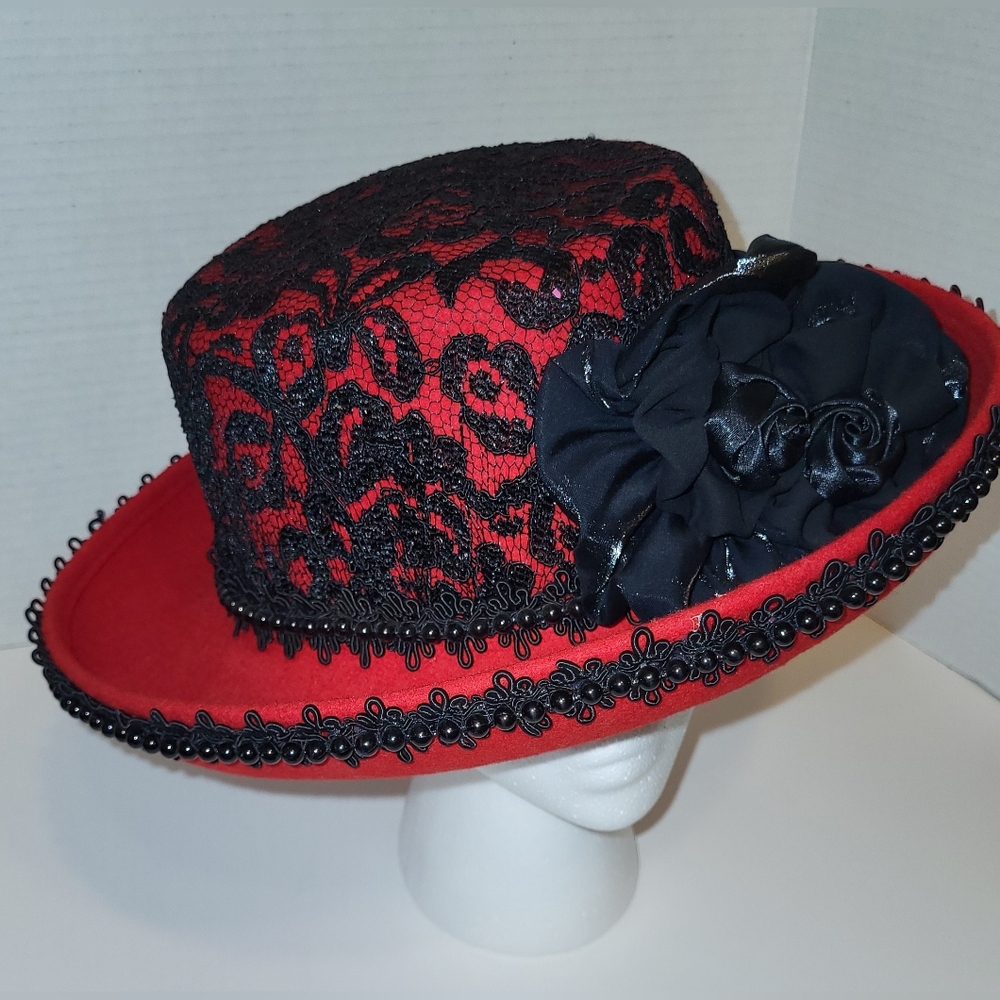 Low Top hat red /black lace and bow with gimp braid piping womens ,vintage look